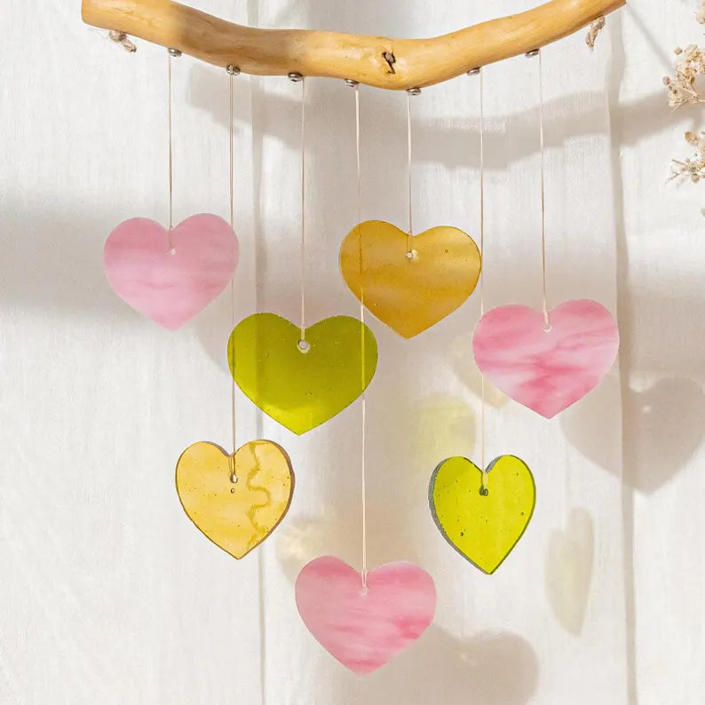 Boho Heart Stained Glass Window Chime Hanging Decor