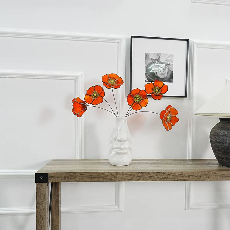 Handcrafted Stained Glass California Poppy Vase and Faux Flower Set