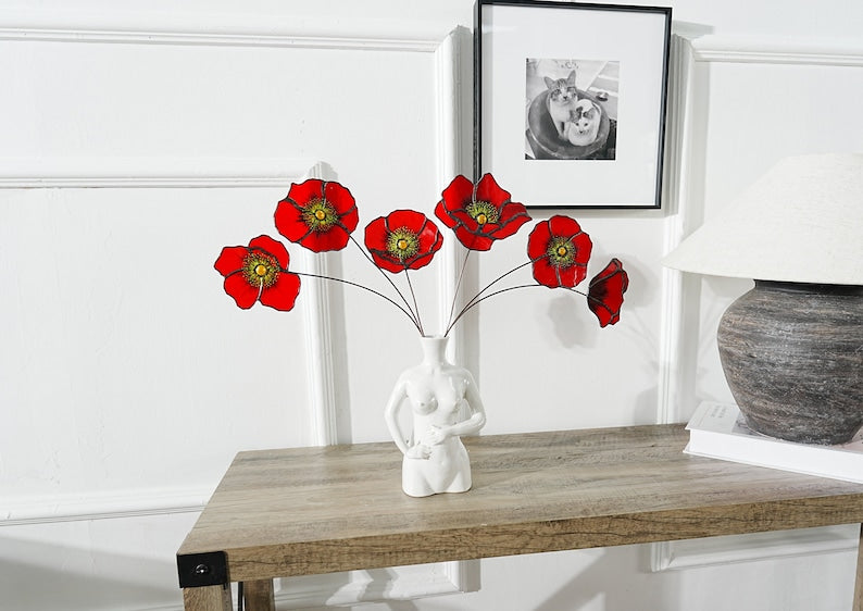 Handcrafted Stained Glass California Poppy Vase and Faux Flower Set