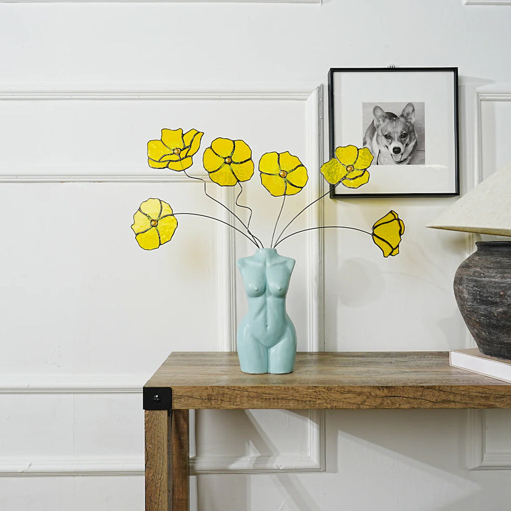 Handcrafted Stained Glass California Poppy Vase and Faux Flower Set