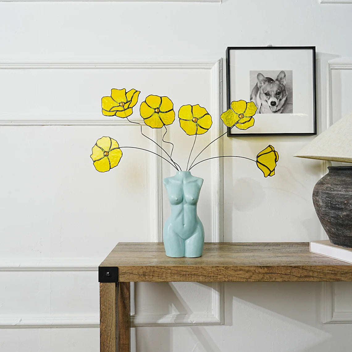 Handcrafted Stained Glass California Poppy Vase and Faux Flower Set